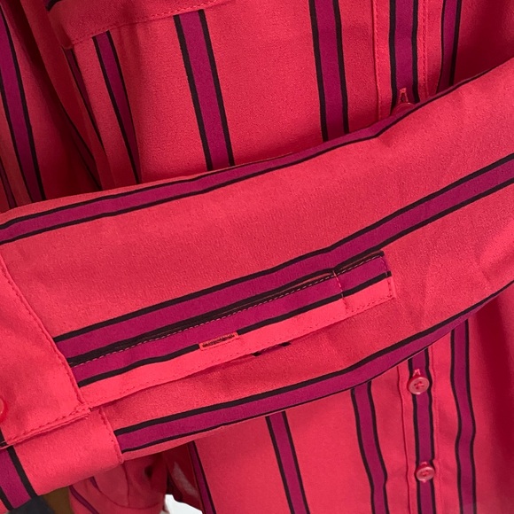 Express Pink Portofino V-Neck Button Down Shirt with Purple Navy Stripe - Picture 11 of 13